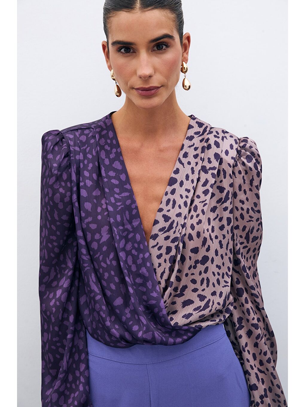 Kruvaze Desenli Bodysuit - Mor-Pudra-1