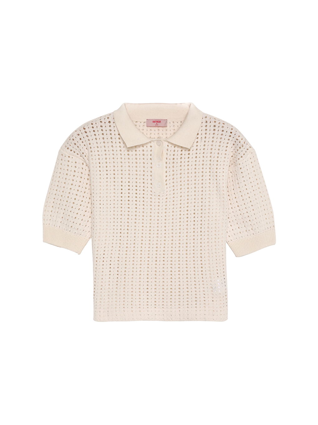 Polo Yaka Delikli İnce Triko Ekru