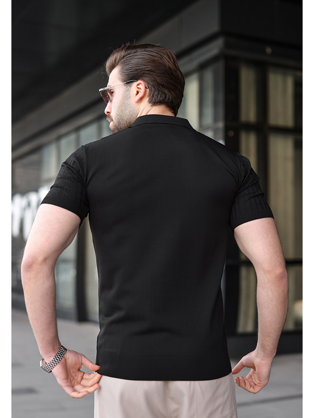Siyah Slim Fit Polo Yaka Triko Erkek Tişört E7472-2