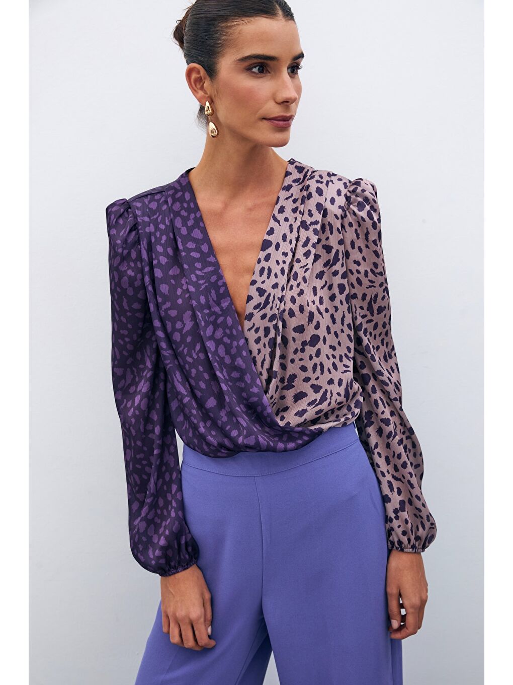 Kruvaze Desenli Bodysuit - Mor-Pudra-2