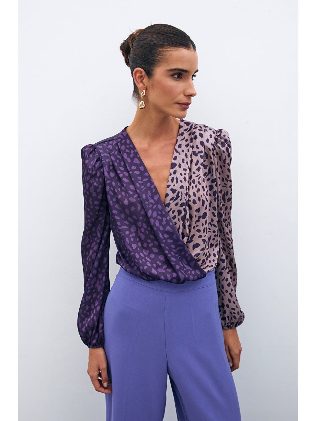 Kruvaze Desenli Bodysuit - Mor-Pudra-3