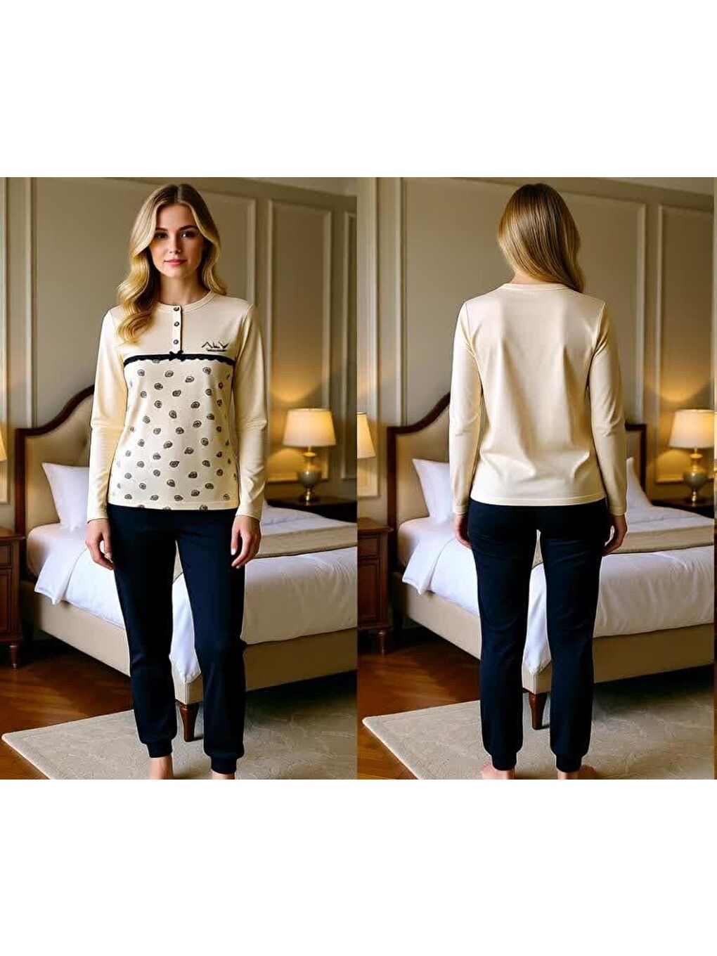 Bej Kadın Pamuklu Vanilya Renk Pijama Takımı Al506 V1-2