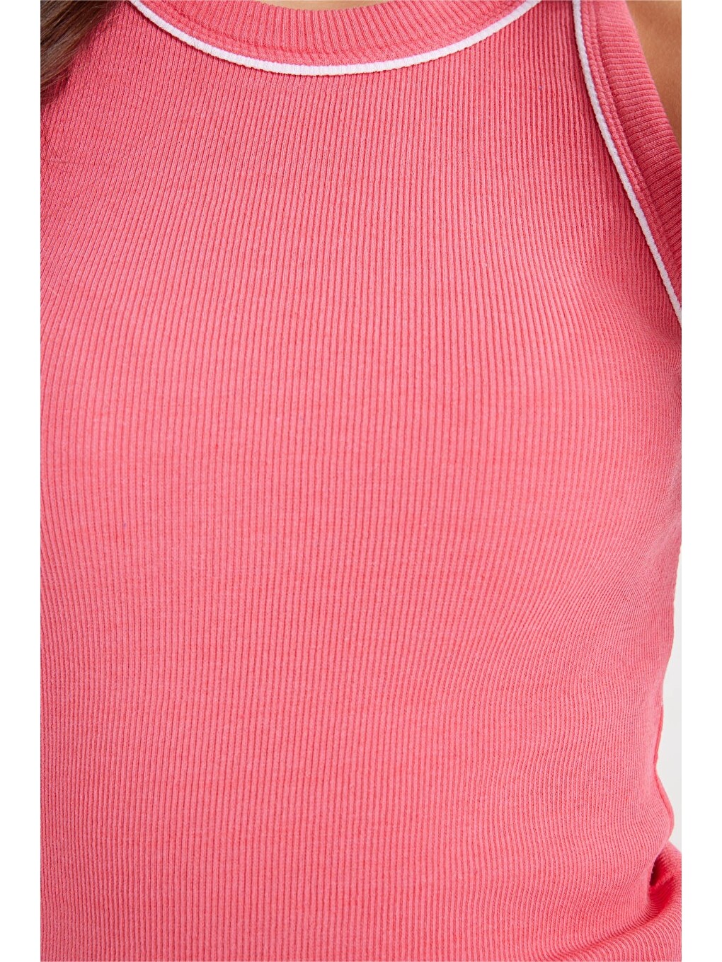 Kadın Slim Fit Dar Kesim Pamuklu Askılı Bisiklet Yaka Biyeli Pembe Crop Atlet-5