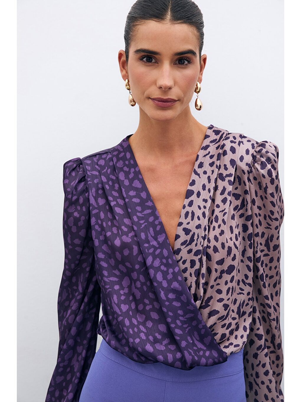 Kruvaze Desenli Bodysuit - Mor-Pudra-4