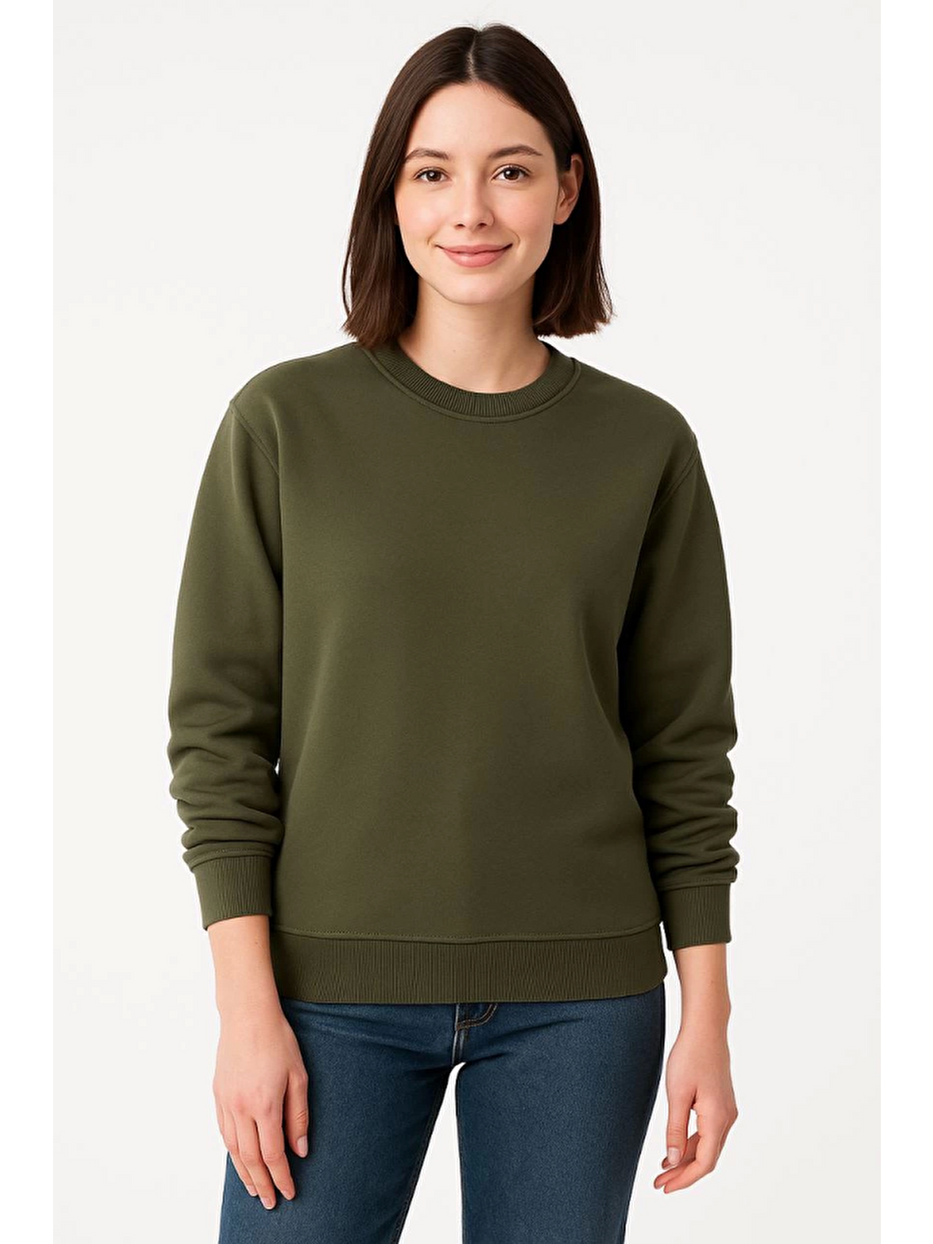 Üç İplik Düz Bisiklet Yaka Sweatshirt - Haki-1