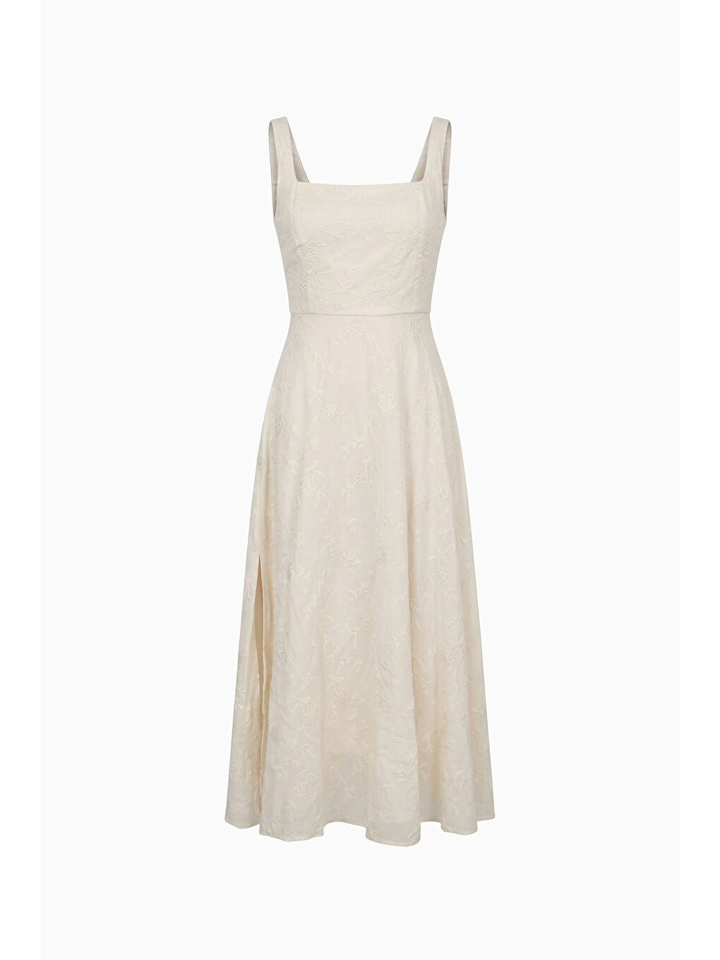 Kadın Bej Askılı Çiçekli Midi Davet Elbisesi-6