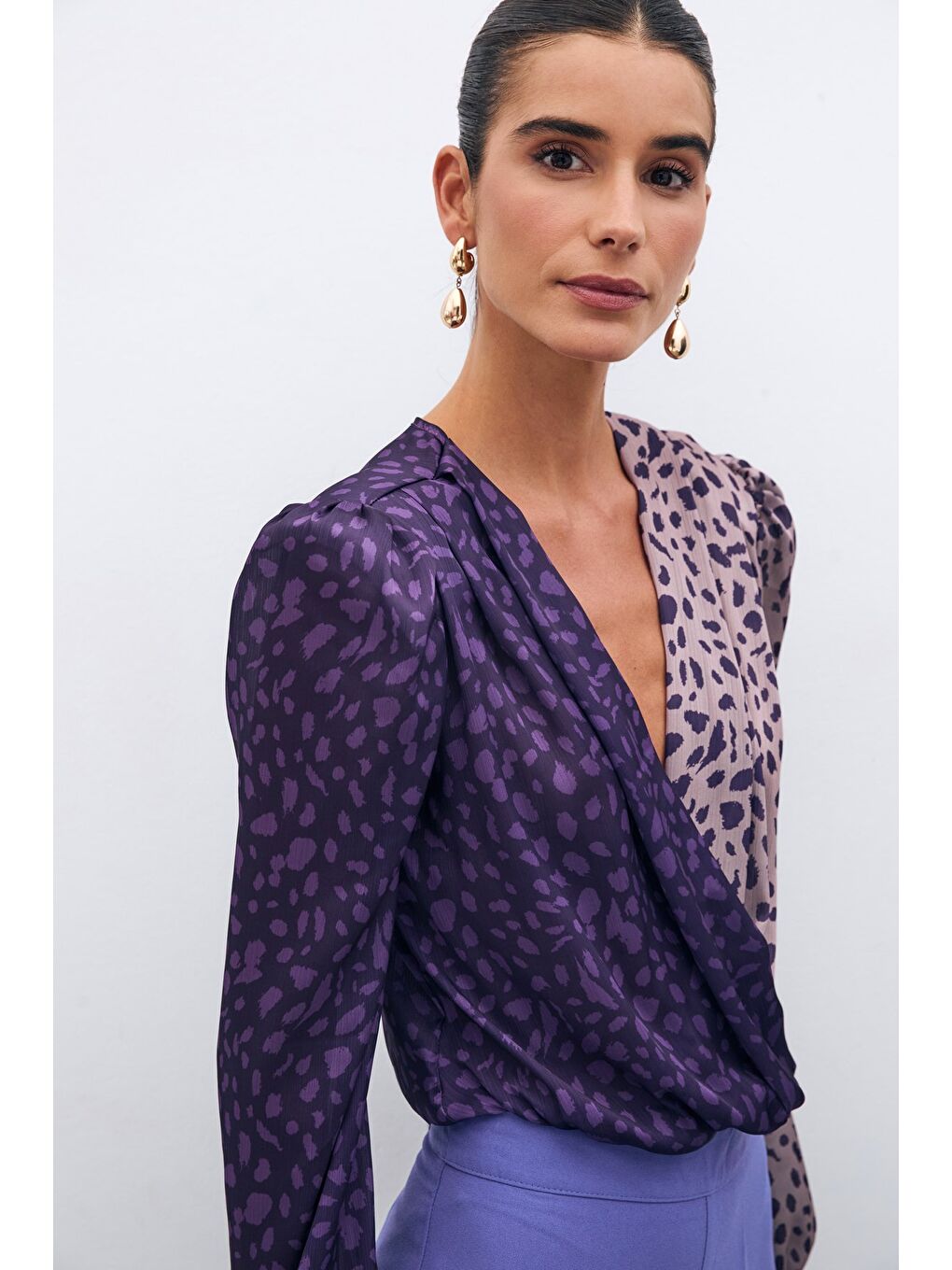 Kruvaze Desenli Bodysuit - Mor-Pudra-5