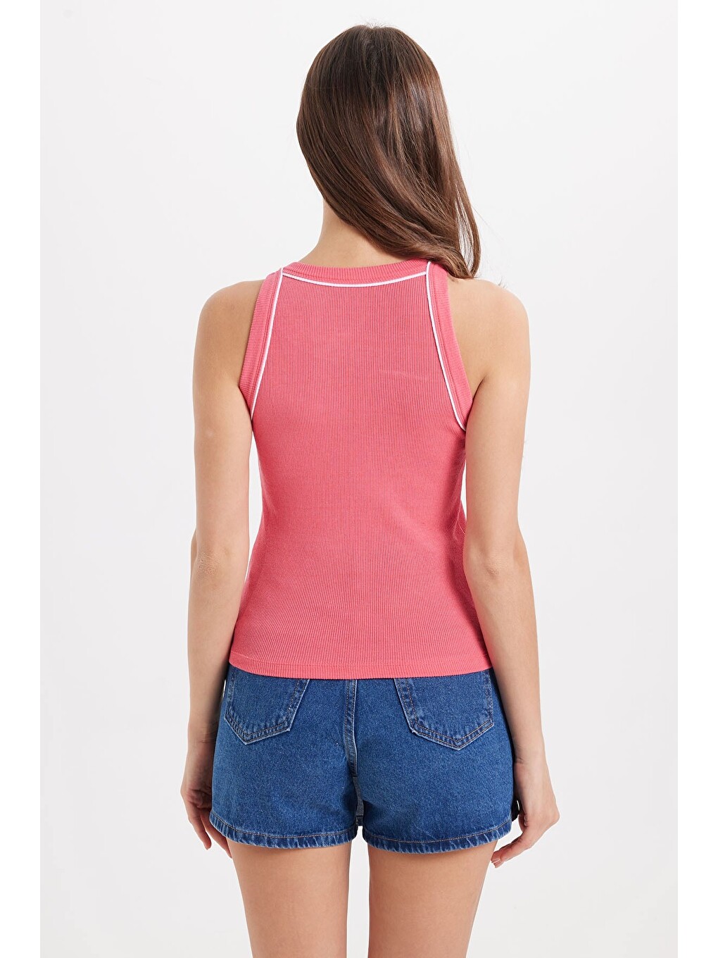 Kadın Slim Fit Dar Kesim Pamuklu Askılı Bisiklet Yaka Biyeli Pembe Crop Atlet-6