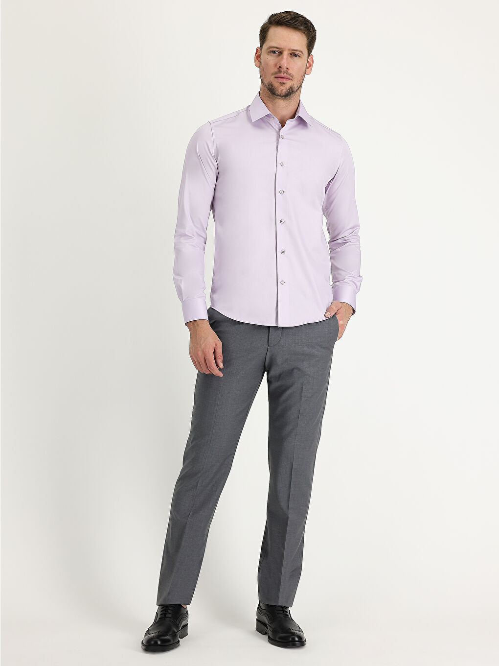 Lila Uzun Kol Slim Fit Dar Kesim Non Iron Saten Pamuklu Gömlek-1