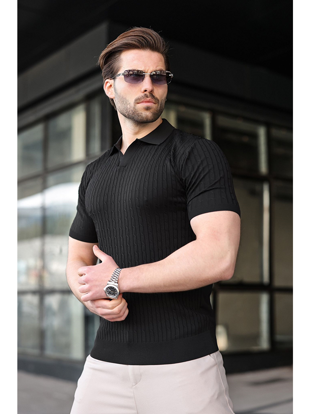 Siyah Slim Fit Polo Yaka Triko Erkek Tişört E7472-3