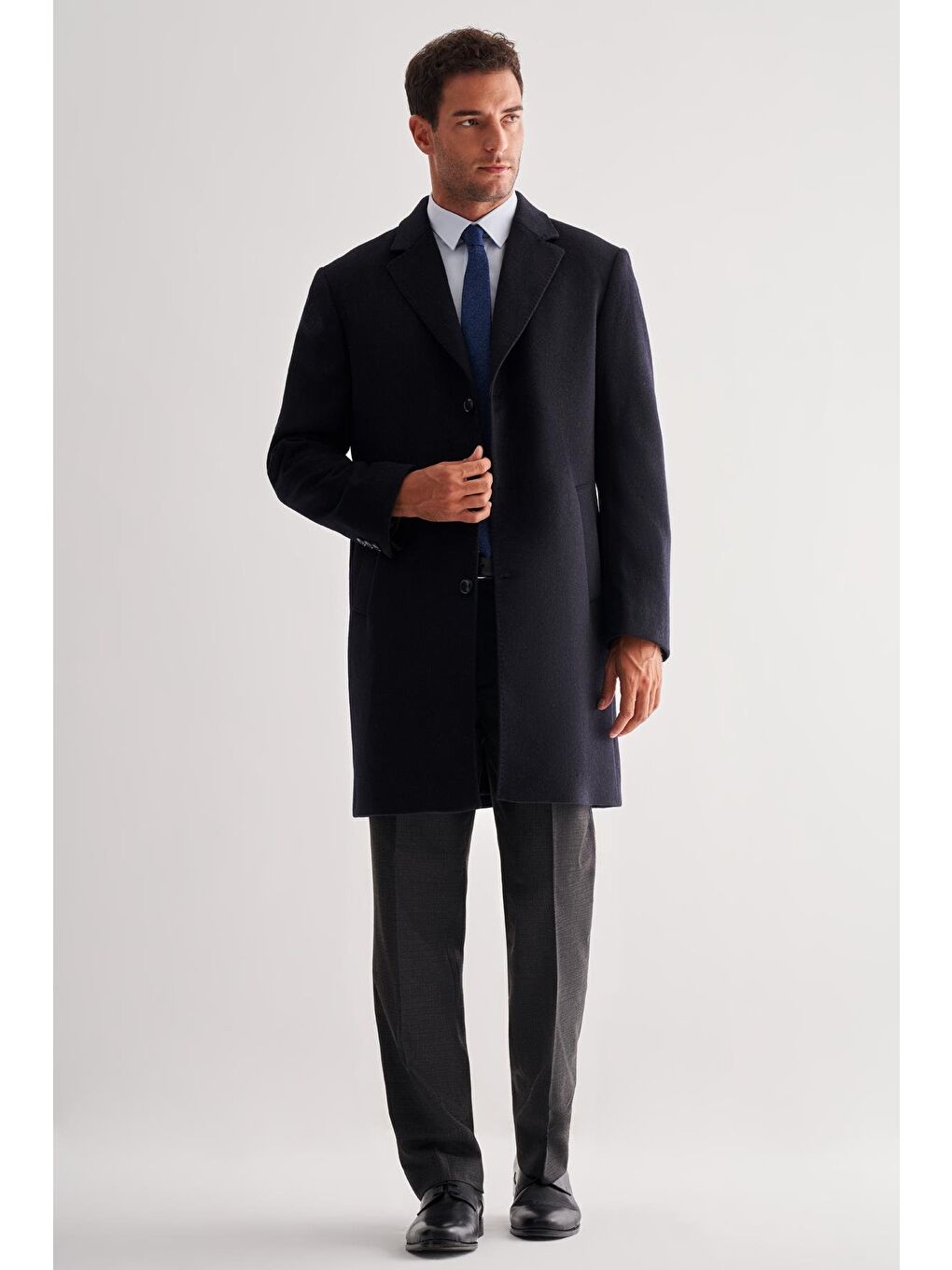 Koyu Lacivert Mono Yaka Palto Tam Astar Classic Comfort Fit Yünlü Kaşe Palto 1005255151