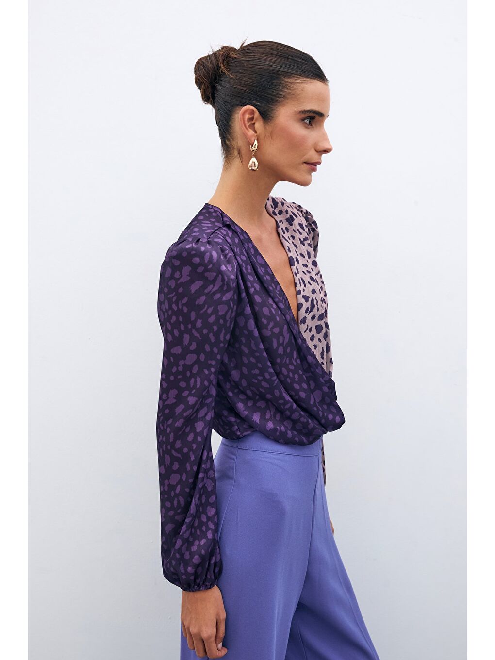 Kruvaze Desenli Bodysuit - Mor-Pudra-6