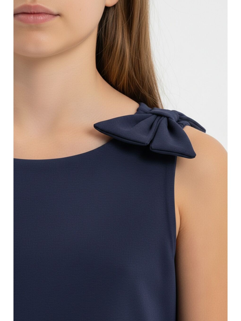 Lacivert Kız Çocuk Bisiklet Yaka Sıfır Kol Pile Etekli  Fiyonk Detaylı Elbise  25004-2