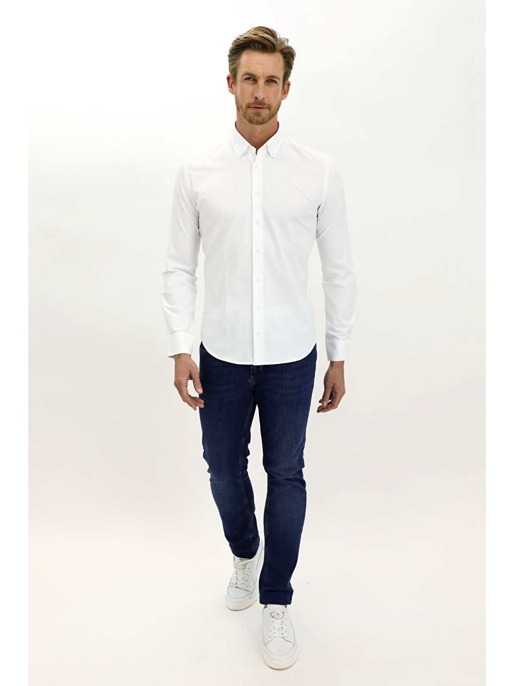 Beyaz Uzun Kol Slim Fit Dar Kesim Pamuk %100 Pamuk Gömlek-1