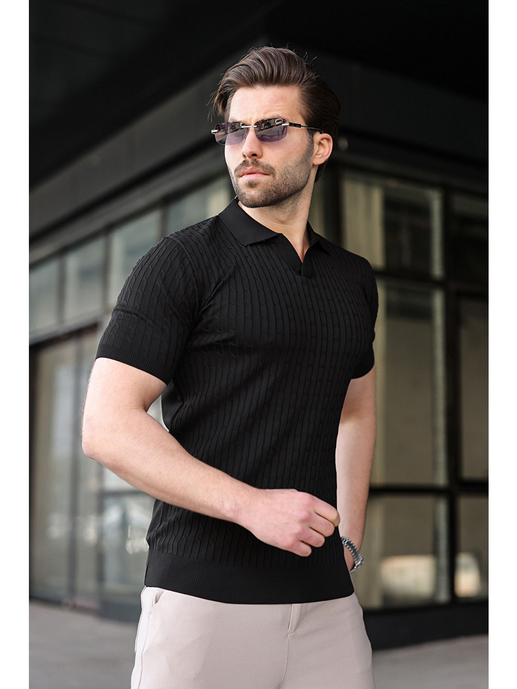 Siyah Slim Fit Polo Yaka Triko Erkek Tişört E7472-4