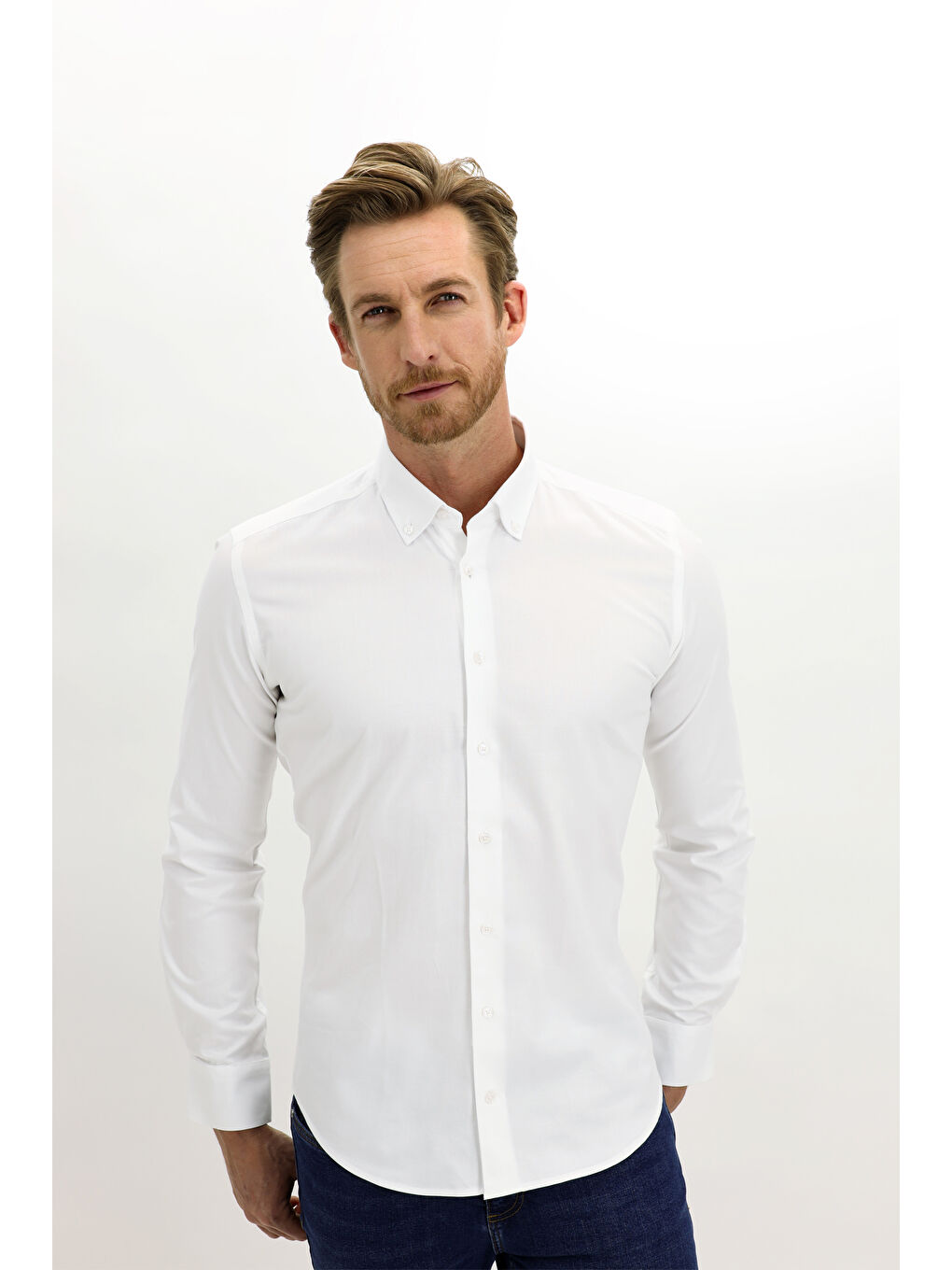 Beyaz Uzun Kol Slim Fit Dar Kesim Pamuk %100 Pamuk Gömlek-2