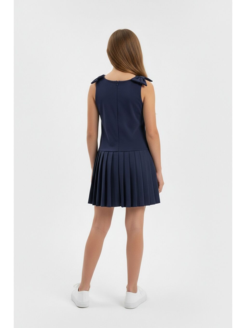Lacivert Kız Çocuk Bisiklet Yaka Sıfır Kol Pile Etekli  Fiyonk Detaylı Elbise  25004-3