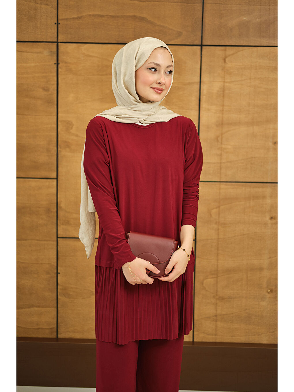 Kadın Alt Piliseli Bisiklet Yaka Takım Bordo-1