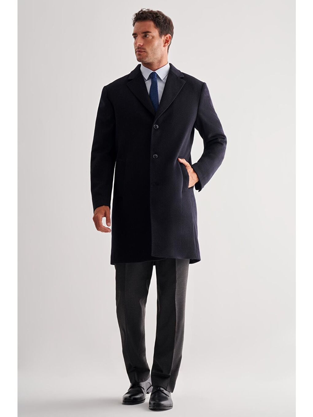 Koyu Lacivert Mono Yaka Palto Tam Astar Classic Comfort Fit Yünlü Kaşe Palto 1005255151-1