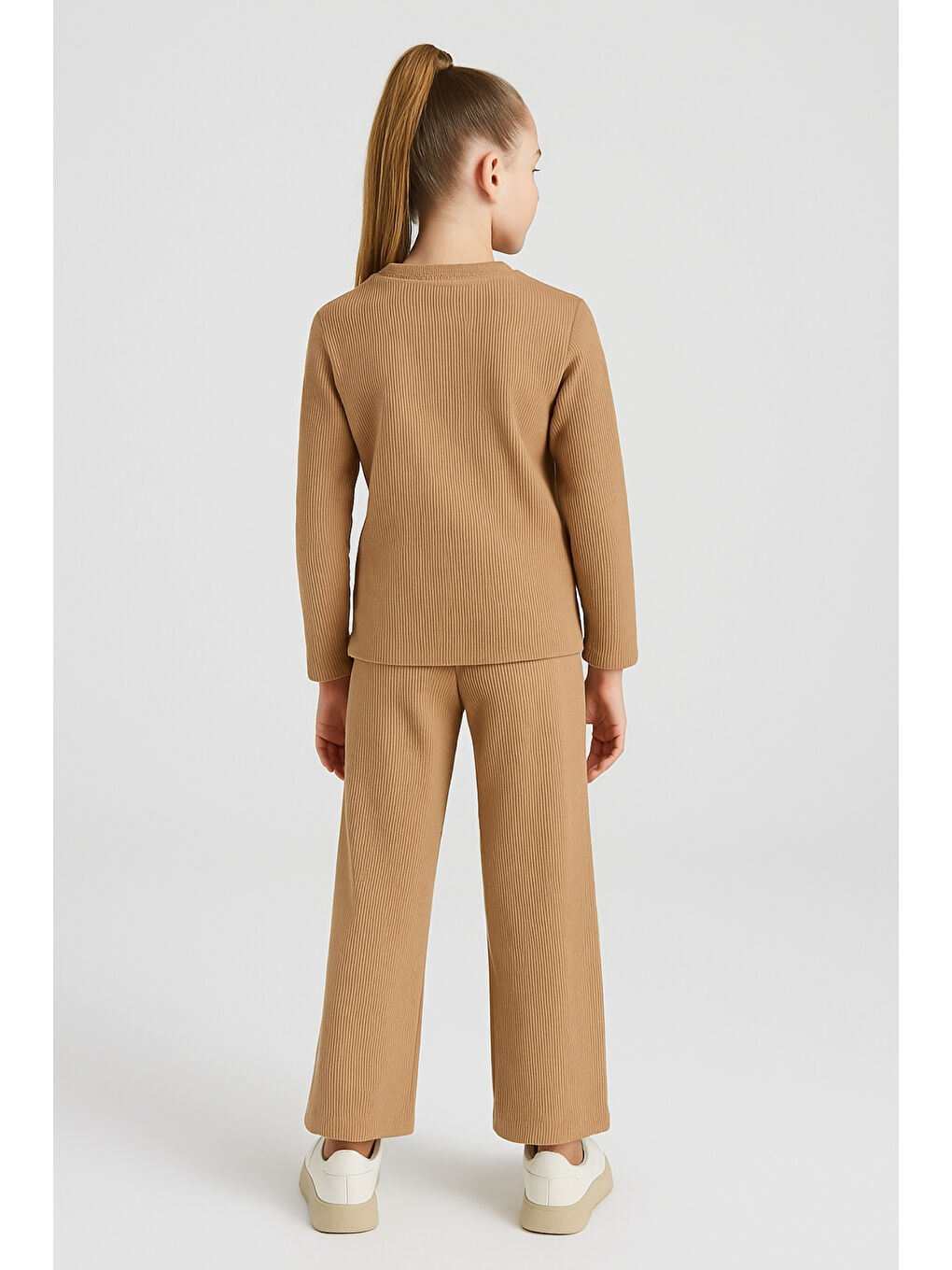 Kahverengi Kız Çocuk Waffle Kumaş Fiyonk Detaylı Alt Üst Takım Ak13586-1