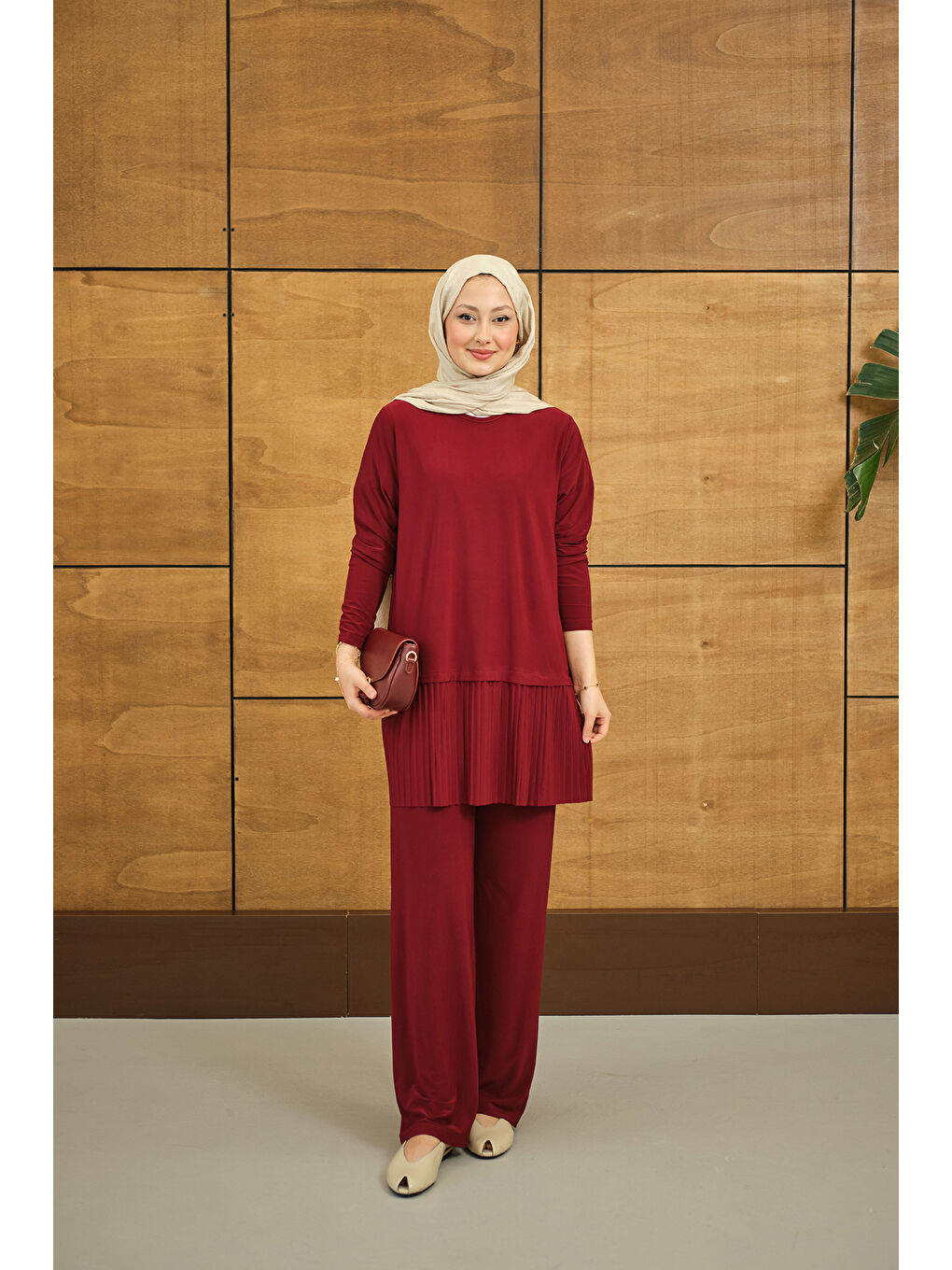 Kadın Alt Piliseli Bisiklet Yaka Takım Bordo-2