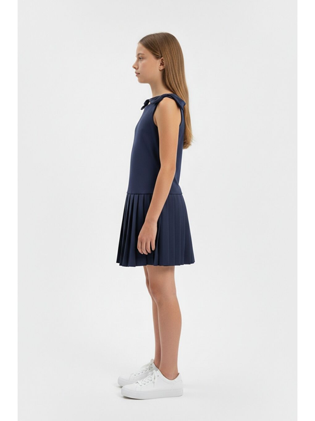 Lacivert Kız Çocuk Bisiklet Yaka Sıfır Kol Pile Etekli  Fiyonk Detaylı Elbise  25004-4