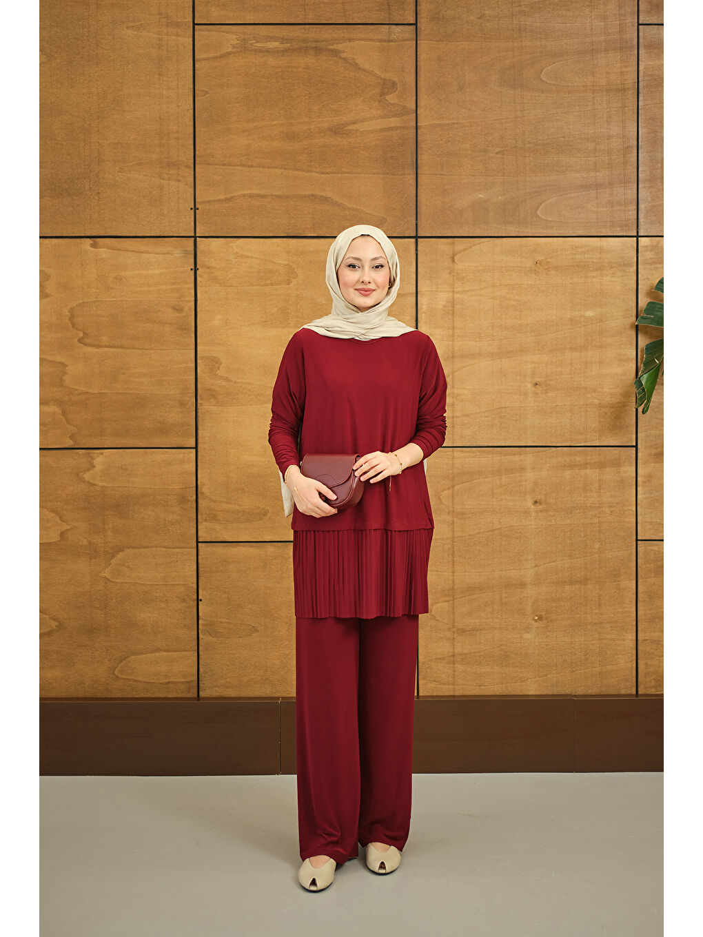 Kadın Alt Piliseli Bisiklet Yaka Takım Bordo-3