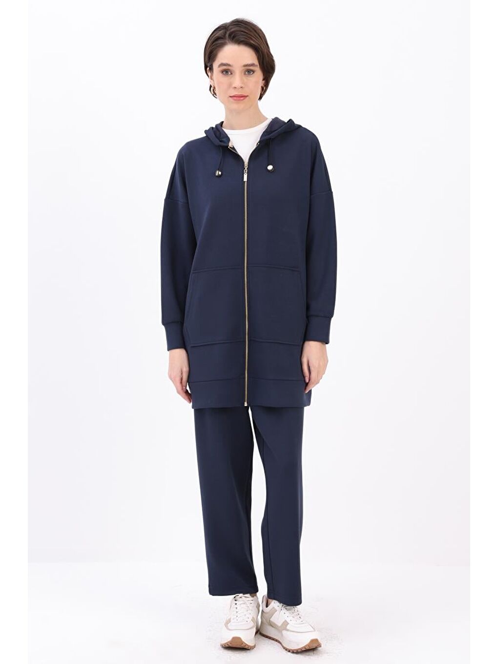 İndigo-Kanguru Cepli Hırkalı Eşofman Takımı-1