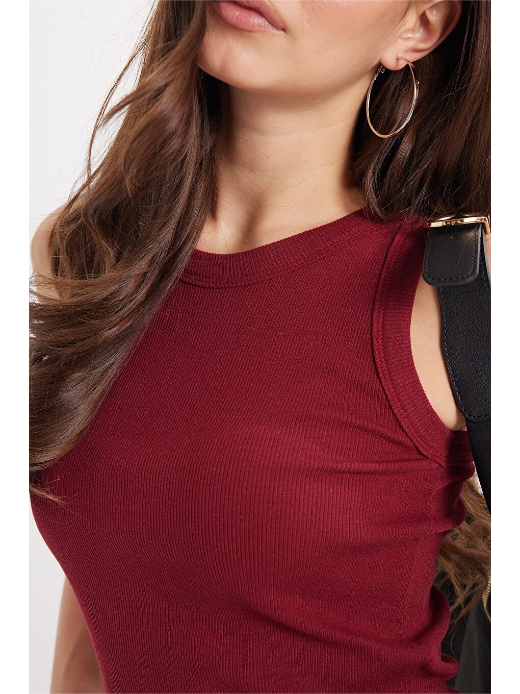 Kadın Slim Fit Dar Kesim Pamuklu Askılı Bisiklet Yaka Bordo Crop Atlet-3