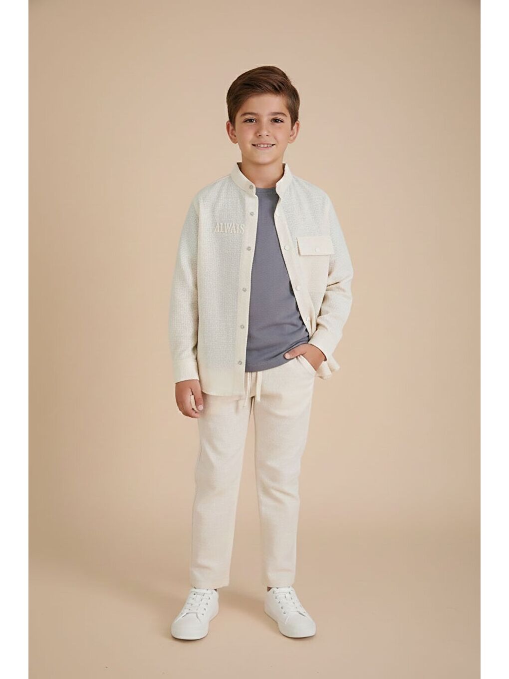 Ekru Krem Keten Gömlekli Pantolonlu Erkek Çocuk 3lü Alt Üst Takım 23573-1
