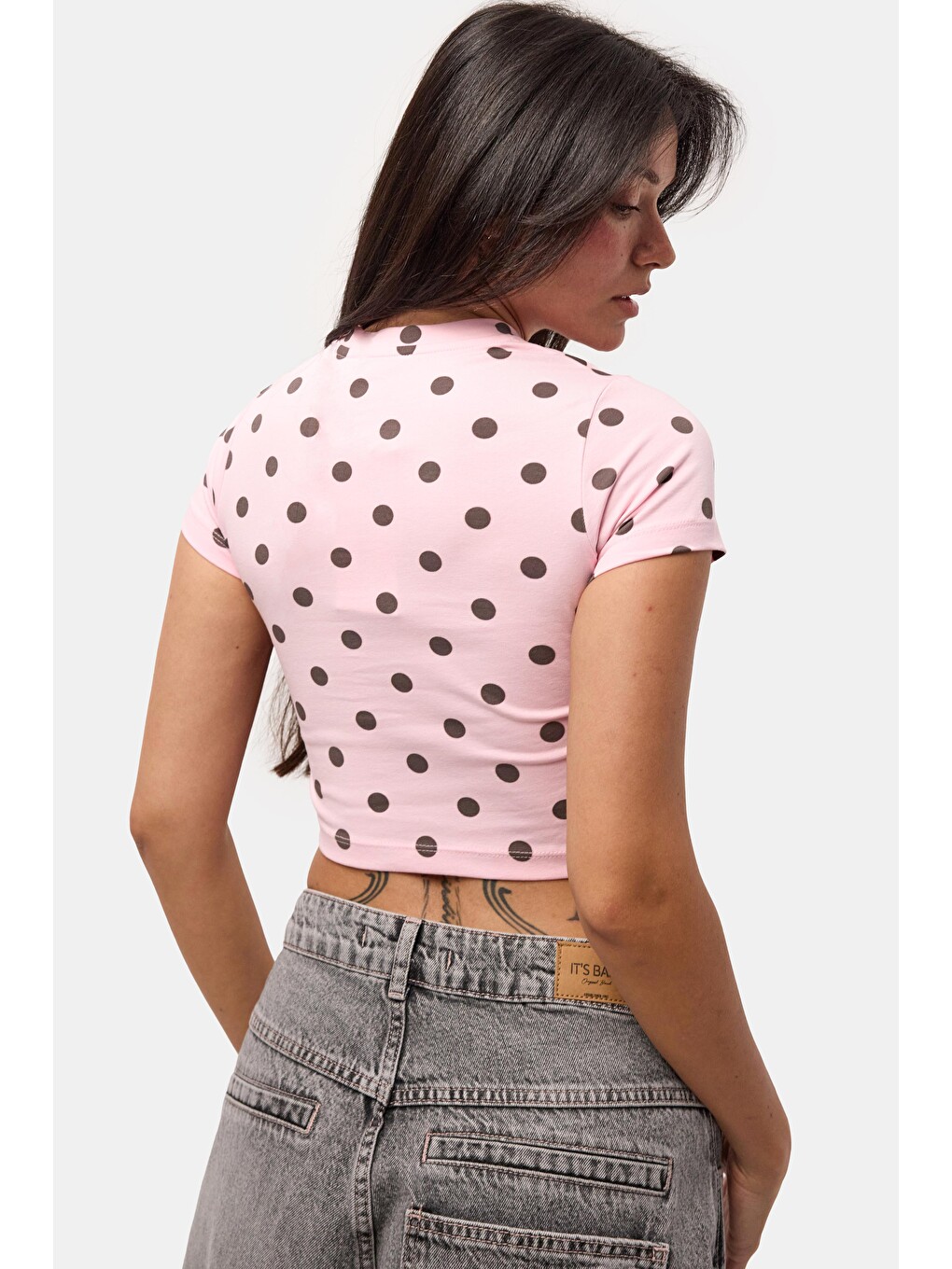 Kadın Pembe Puantiyeli s6-98 Crop Fit T-Shirt-2
