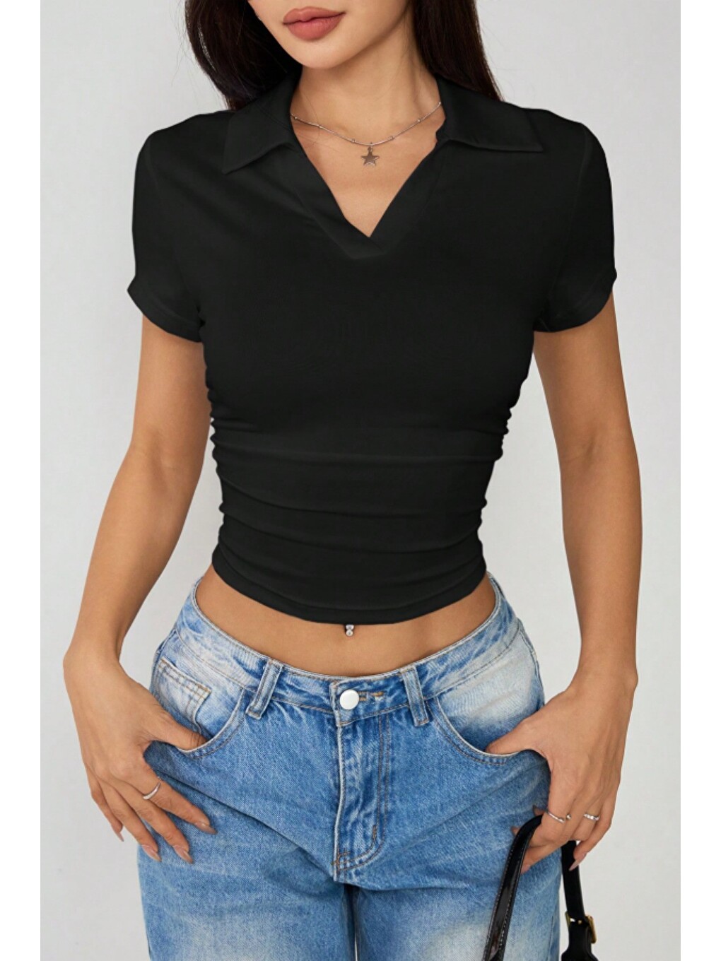 Siyah Kadın Slim Polo Yaka Crop Esnek Kumaş Günlük Basic Tişört-1