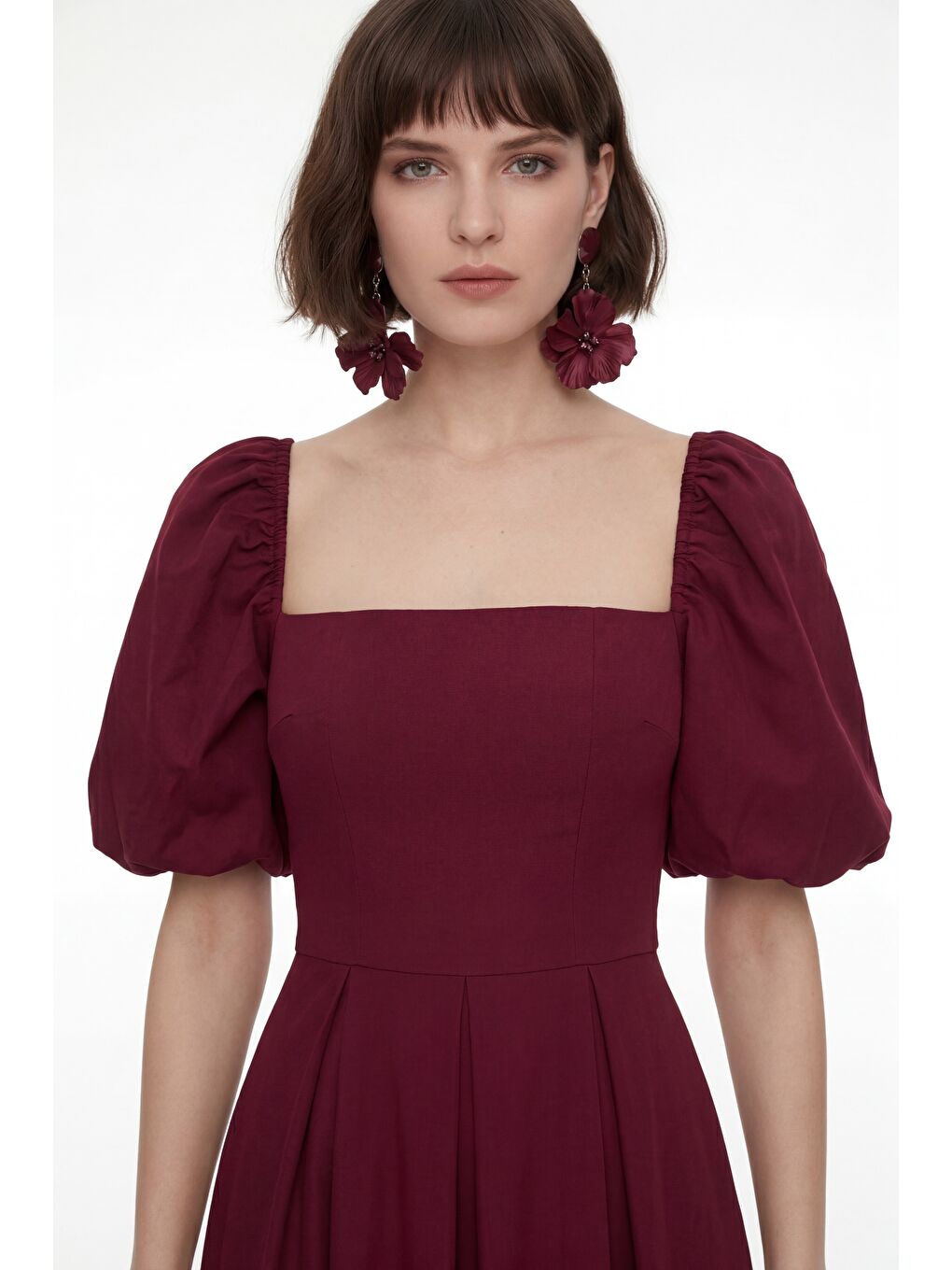 Kadın Bordo Kare Yaka Balon Kol Midi Davet Elbisesi-1