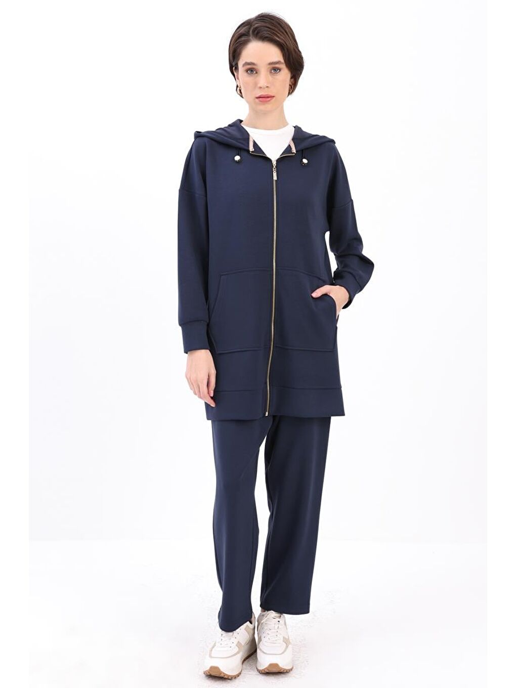 İndigo-Kanguru Cepli Hırkalı Eşofman Takımı-3