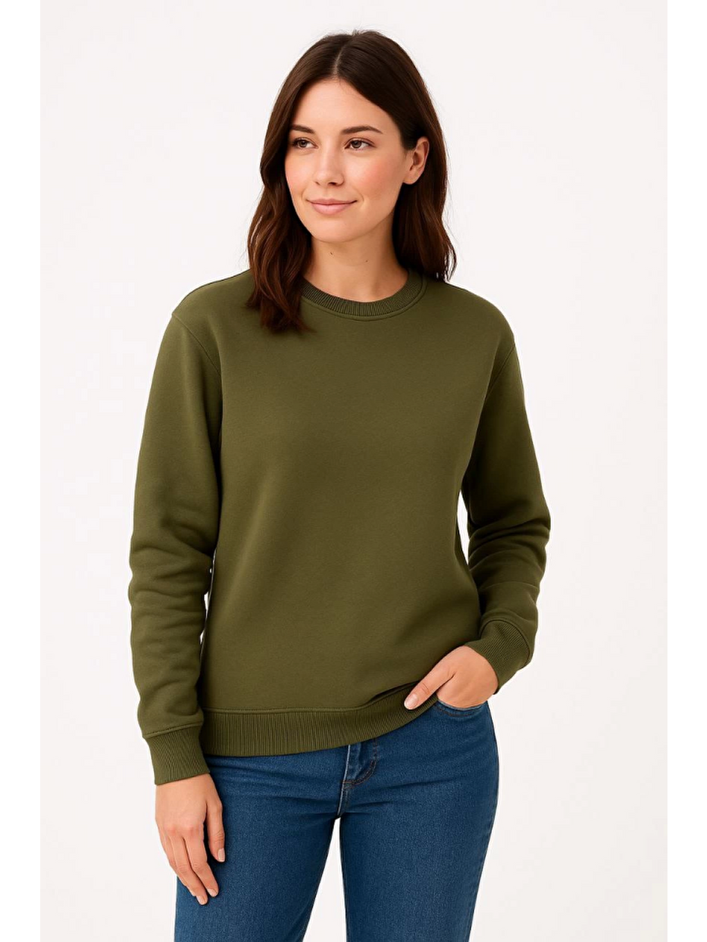 Üç İplik Düz Bisiklet Yaka Sweatshirt - Haki-2