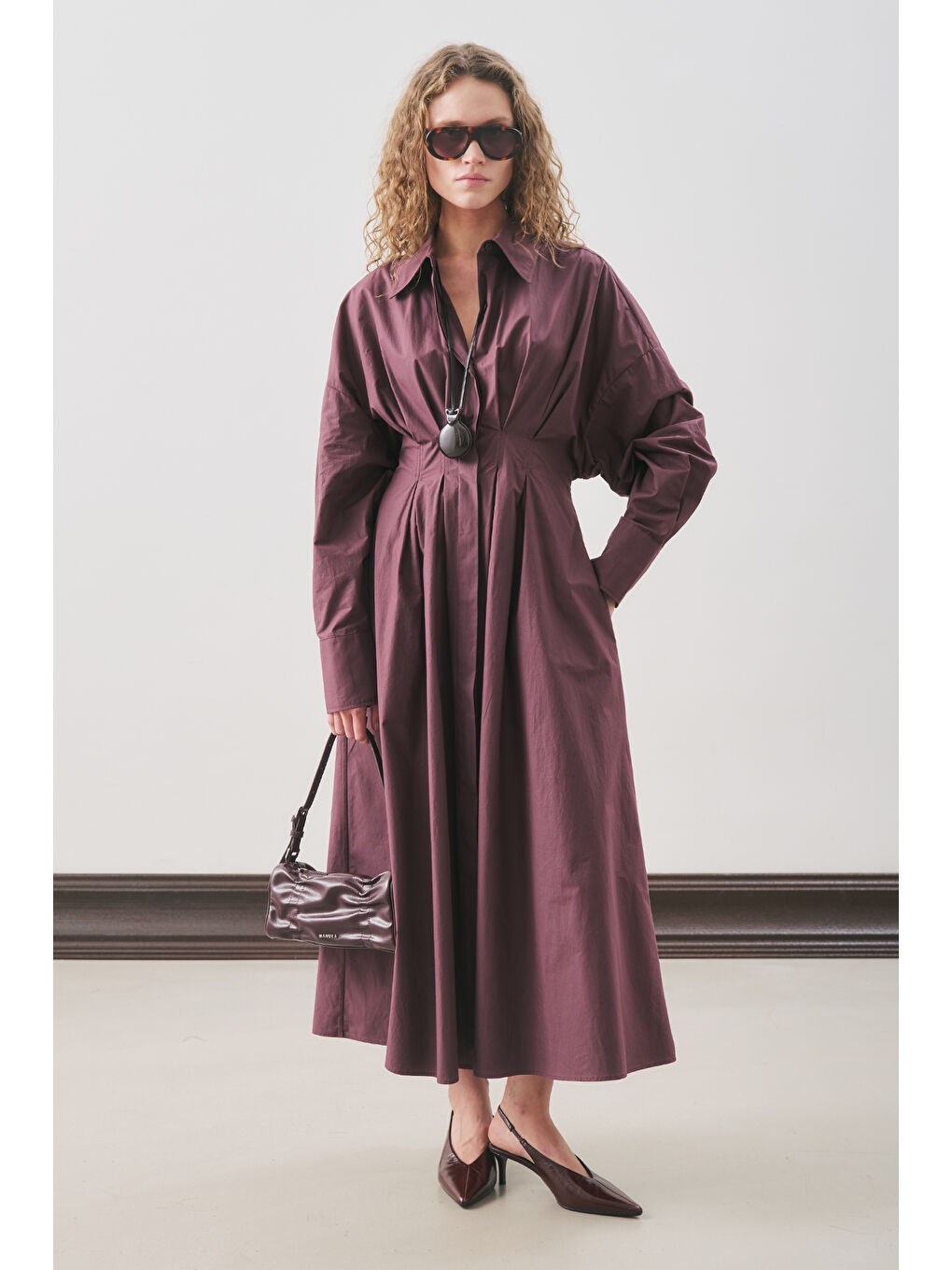 Pile Detaylı Gömlek Elbise Mürdüm-1