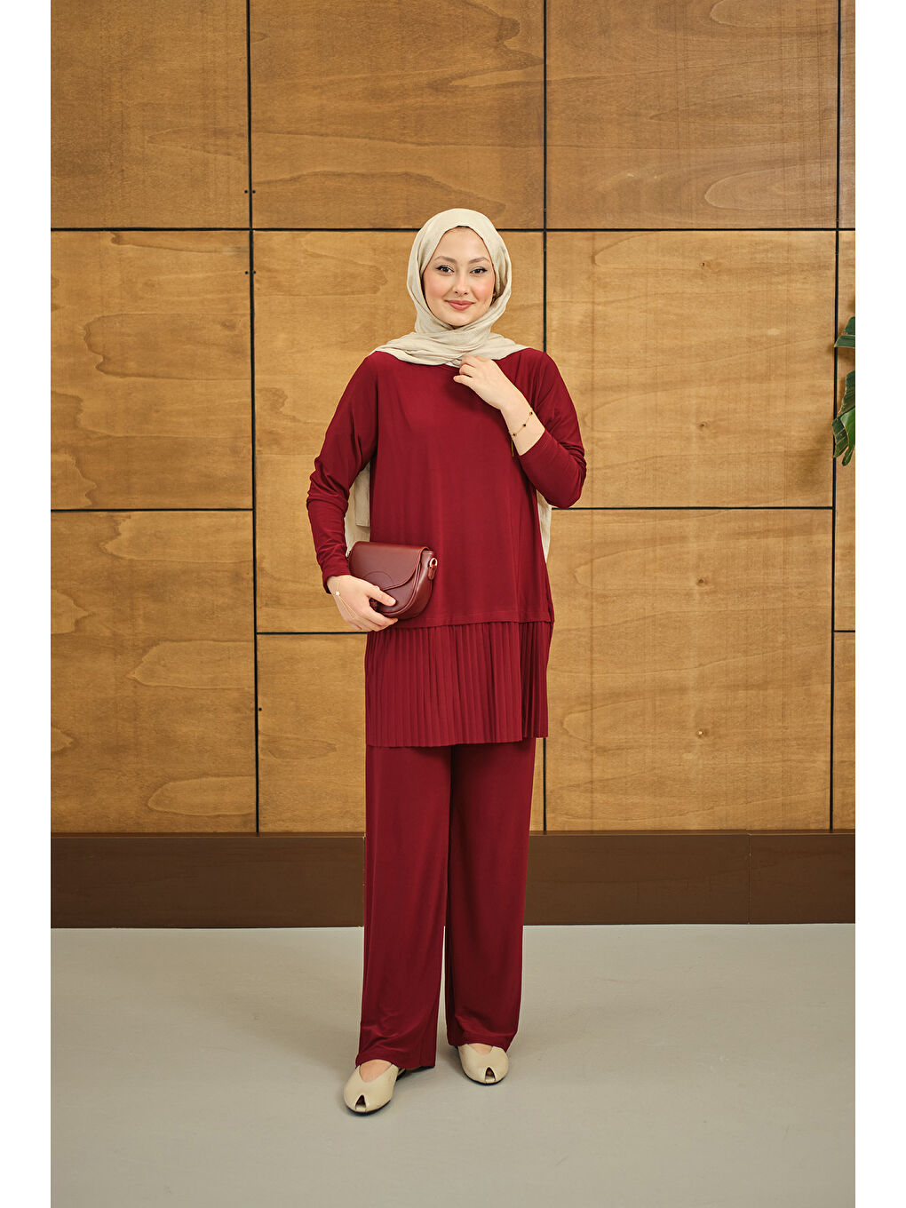 Kadın Alt Piliseli Bisiklet Yaka Takım Bordo-4