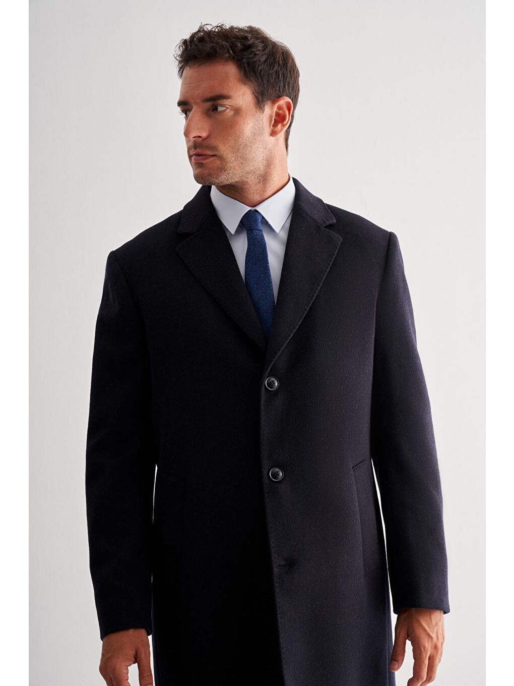 Koyu Lacivert Mono Yaka Palto Tam Astar Classic Comfort Fit Yünlü Kaşe Palto 1005255151-3