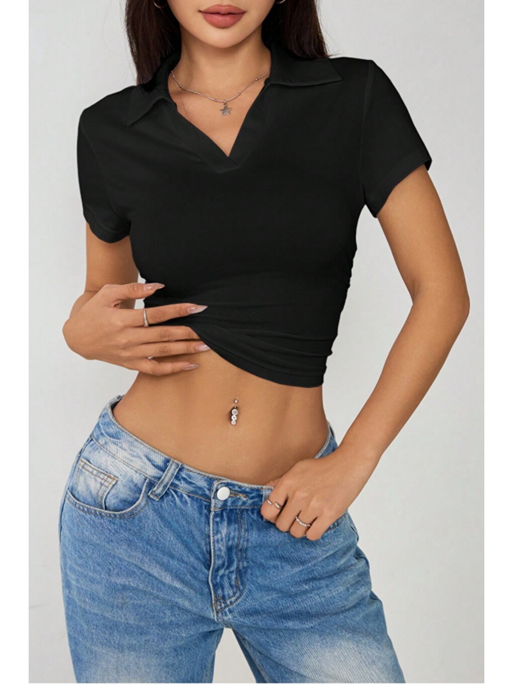 Siyah Kadın Slim Polo Yaka Crop Esnek Kumaş Günlük Basic Tişört-2