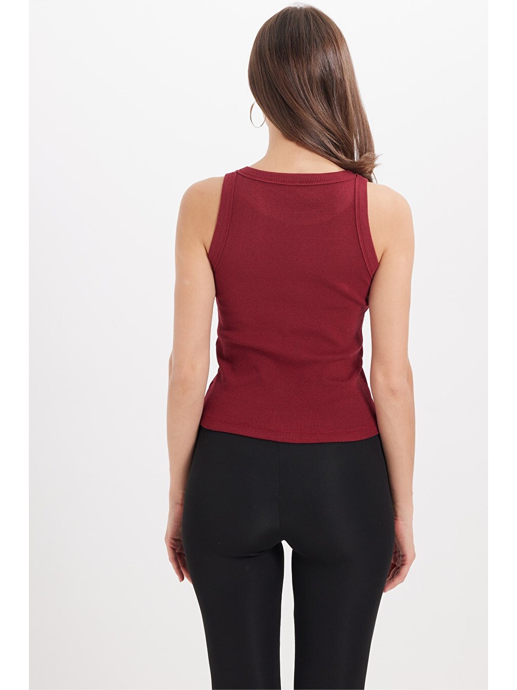 Kadın Slim Fit Dar Kesim Pamuklu Askılı Bisiklet Yaka Bordo Crop Atlet-5