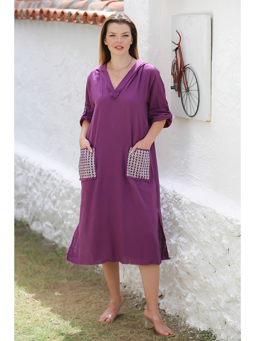Mor Kapüşonlu Düğmeli Uzun Kollu Cepli Yırtmaçlı Troklu Dokuma Casual Elbise-1