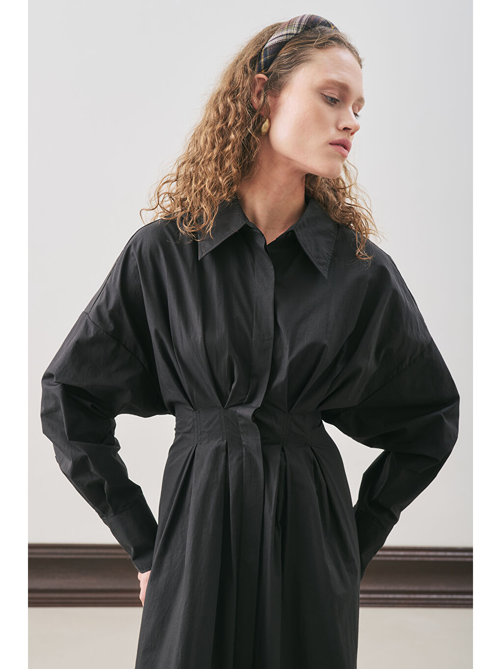 Pile Detaylı Gömlek Elbise Siyah-2