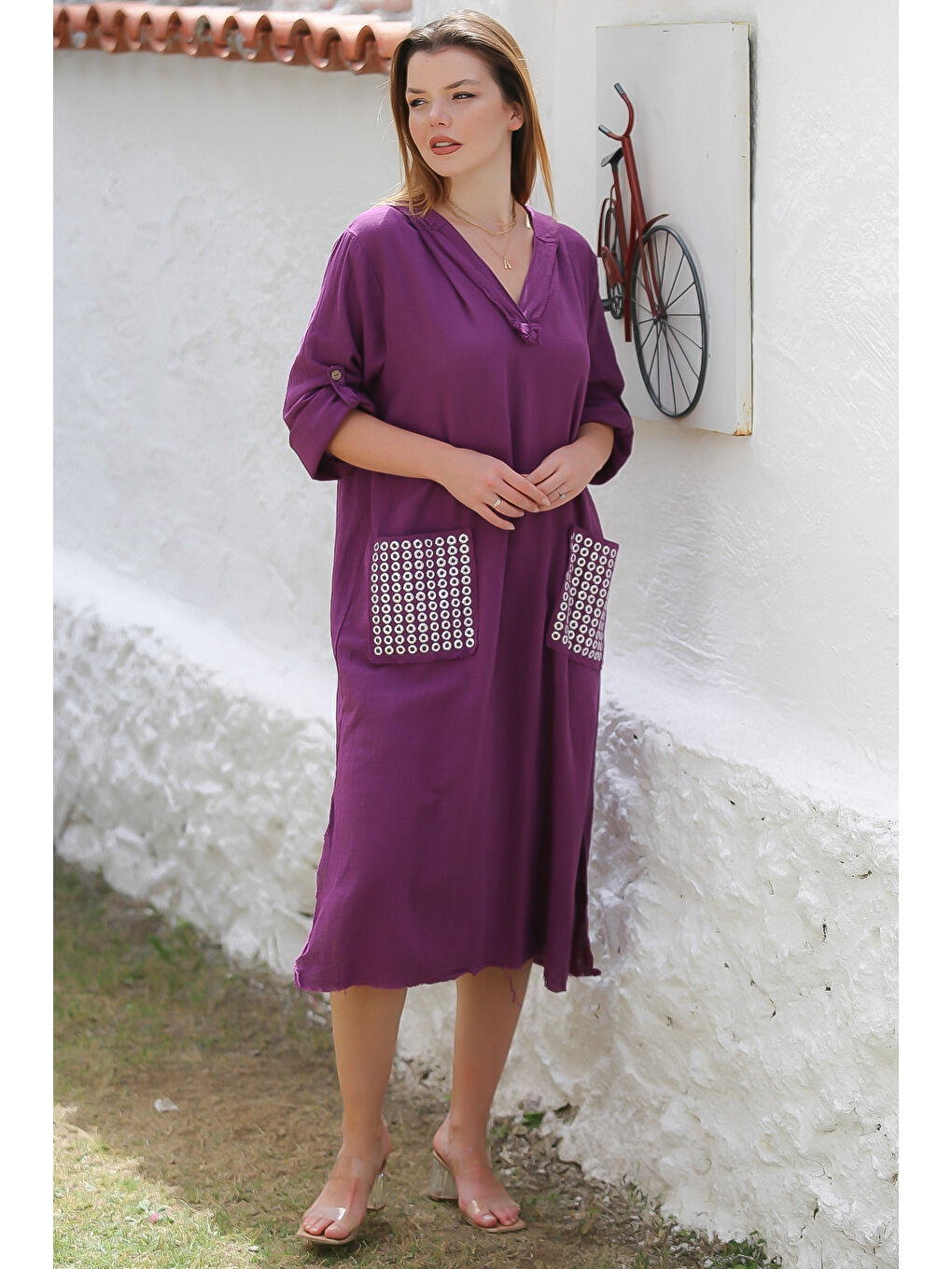 Mor Kapüşonlu Düğmeli Uzun Kollu Cepli Yırtmaçlı Troklu Dokuma Casual Elbise-2