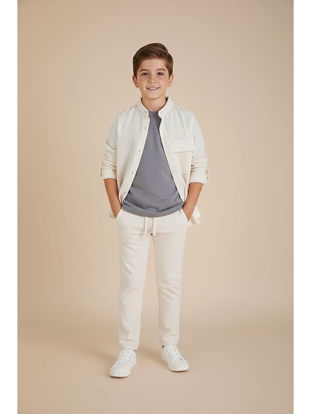 Ekru Krem Keten Gömlekli Pantolonlu Erkek Çocuk 3lü Alt Üst Takım 23573-2
