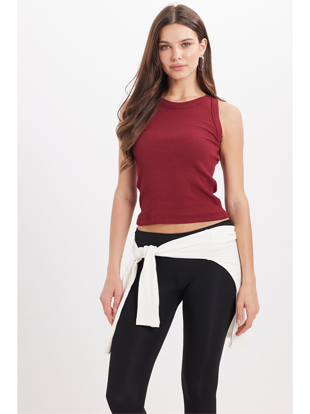 Kadın Slim Fit Dar Kesim Pamuklu Askılı Bisiklet Yaka Bordo Crop Atlet-6