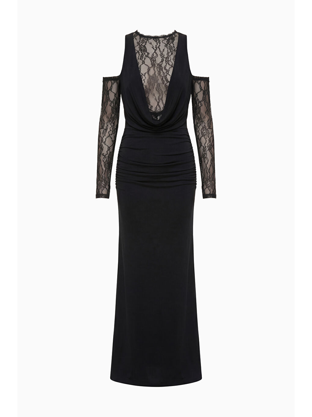 Kadın Siyah Dantel Detaylı Derin Degaje Yaka Abiye & Mezuniyet Elbisesi