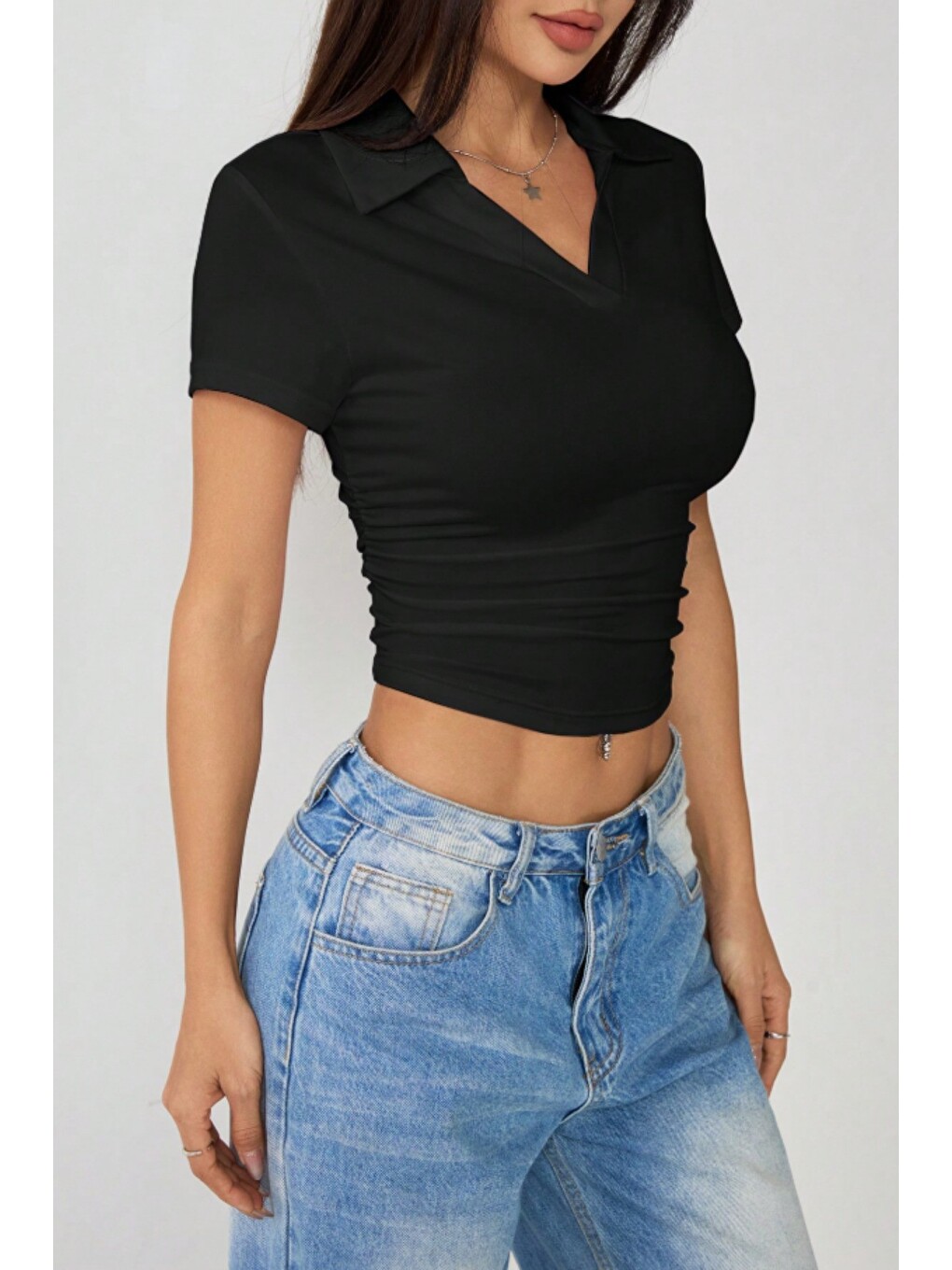 Siyah Kadın Slim Polo Yaka Crop Esnek Kumaş Günlük Basic Tişört-4