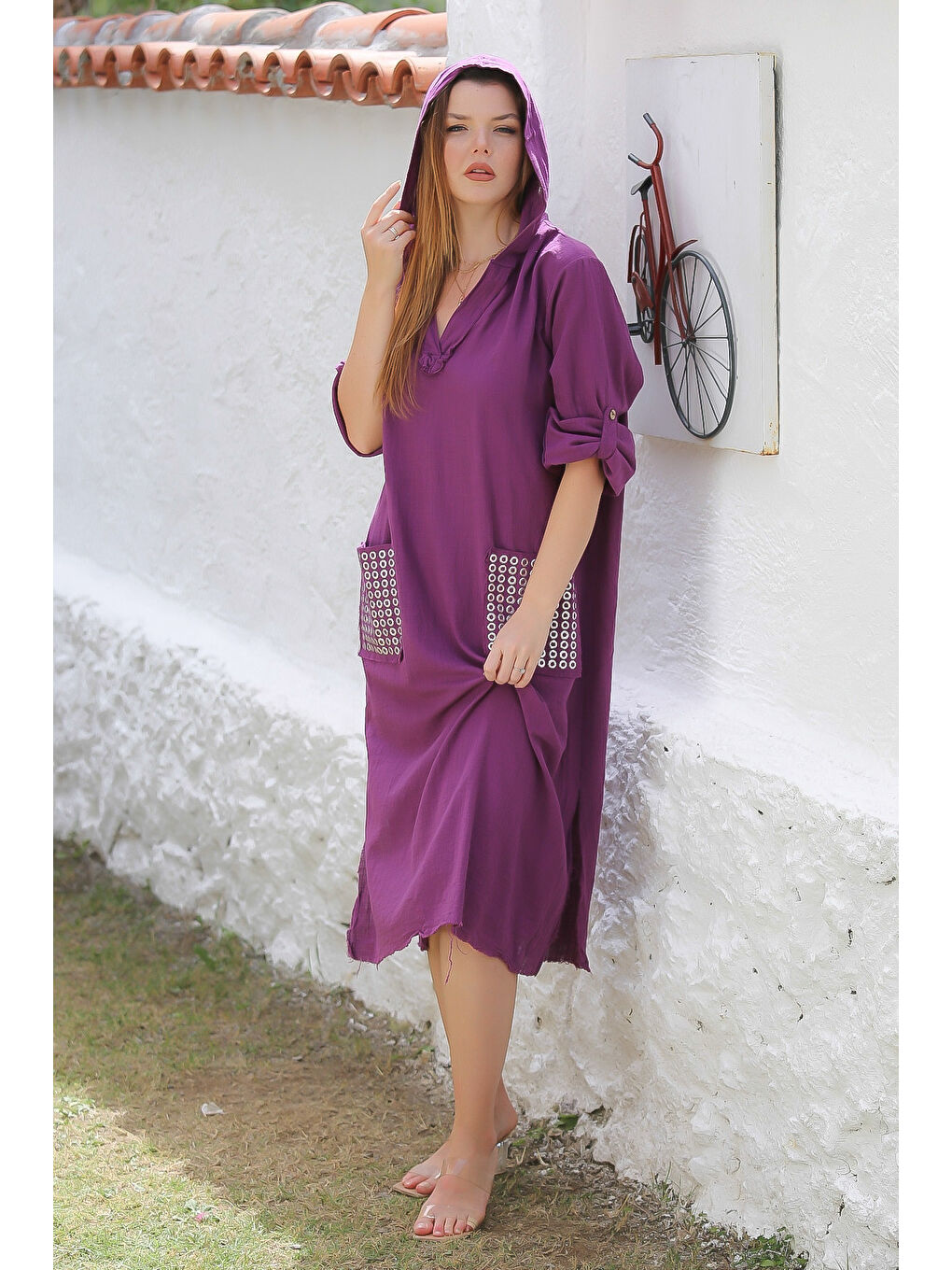 Mor Kapüşonlu Düğmeli Uzun Kollu Cepli Yırtmaçlı Troklu Dokuma Casual Elbise-4