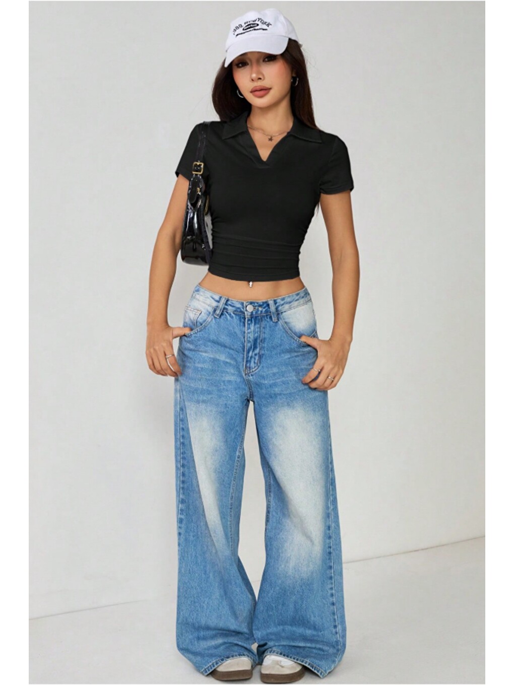 Siyah Kadın Slim Polo Yaka Crop Esnek Kumaş Günlük Basic Tişört-5
