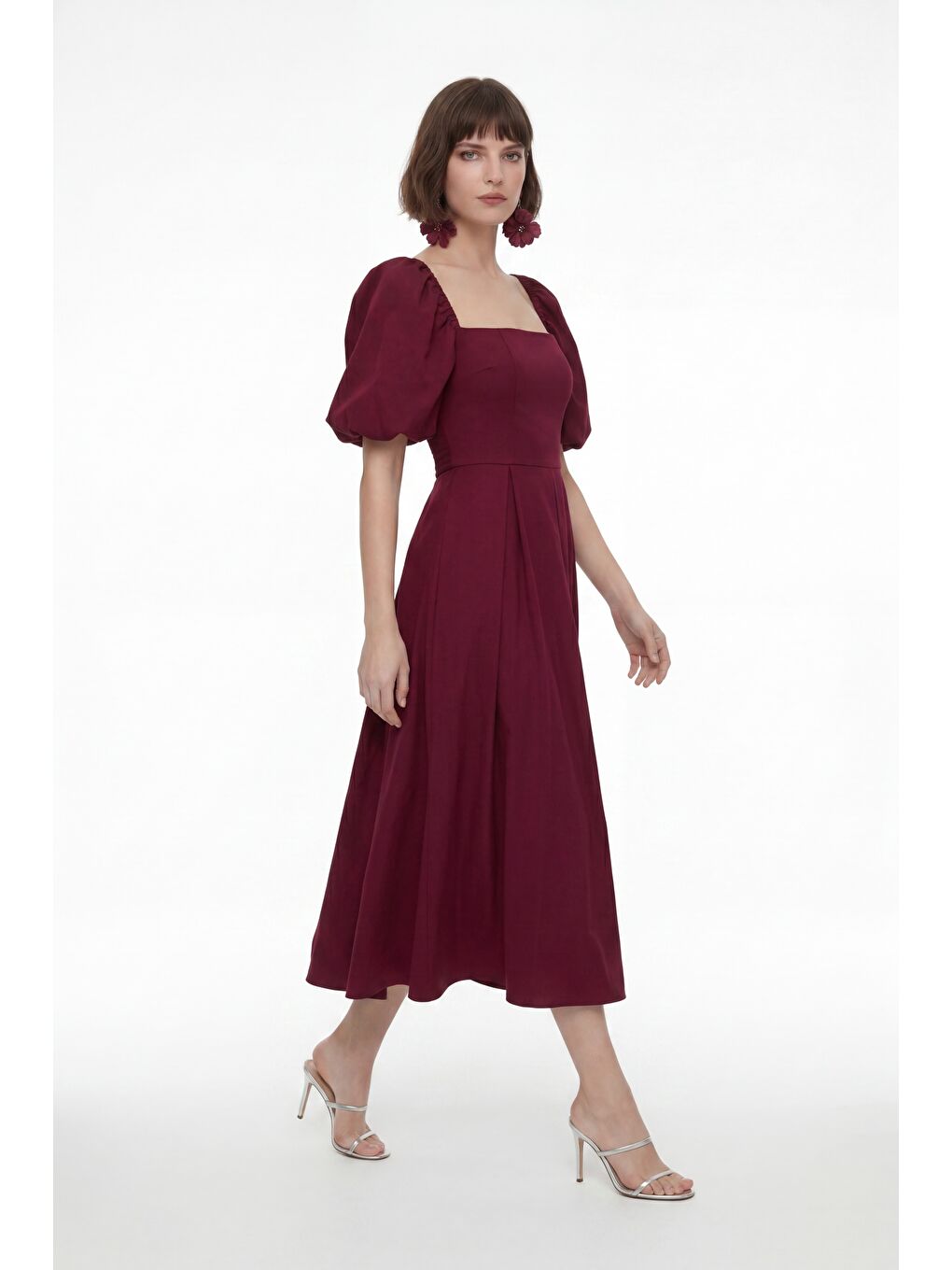 Kadın Bordo Kare Yaka Balon Kol Midi Davet Elbisesi-2